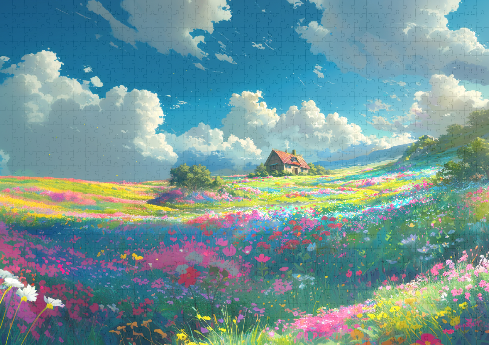 raxxa Premium-Puzzle: Weites Blumental mit Wolken - Anime Stil – Bild 2