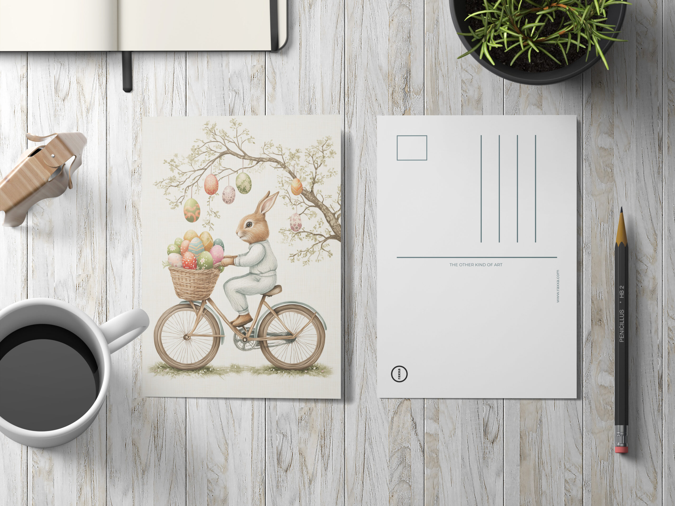 raxxa Postkarte: Fröhlicher Osterhase auf dem Fahrrad