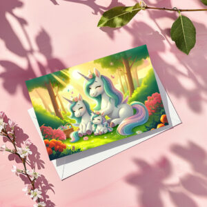 raxxa Postkarte: Einhörner im Sonnenuntergangswald