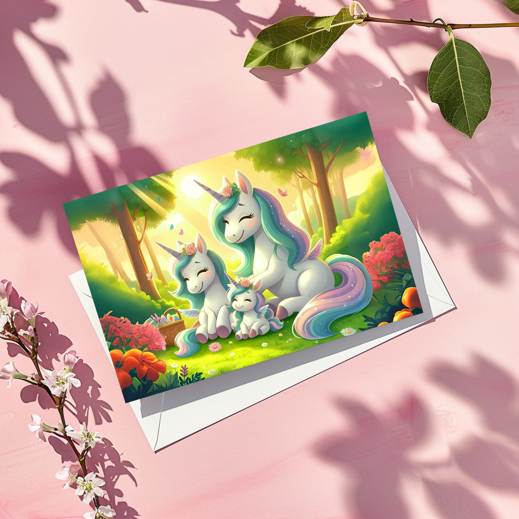 raxxa Postkarte: Einhörner im Sonnenuntergangswald