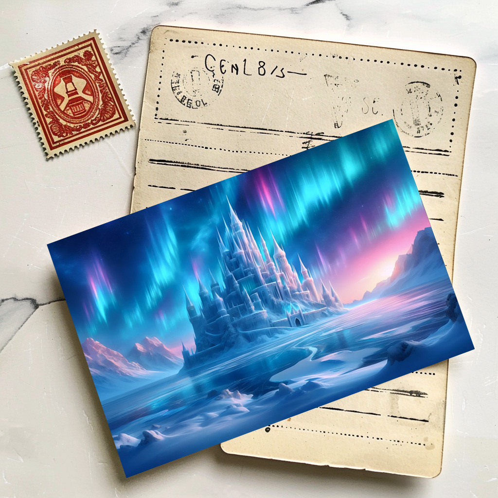 raxxa Postkarte: Magisches Eisschloss unter den Nordlichtern