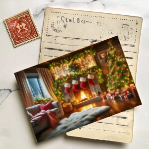 raxxa Postkarte: Gemütliches Weihnachtszimmer mit festlicher Dekoration