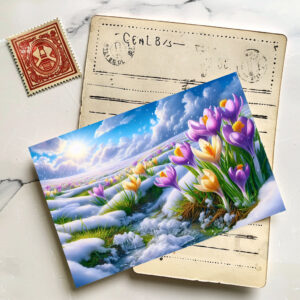 raxxa Postkarte: Frühlingserwachen- Bunte Krokusse im Schnee