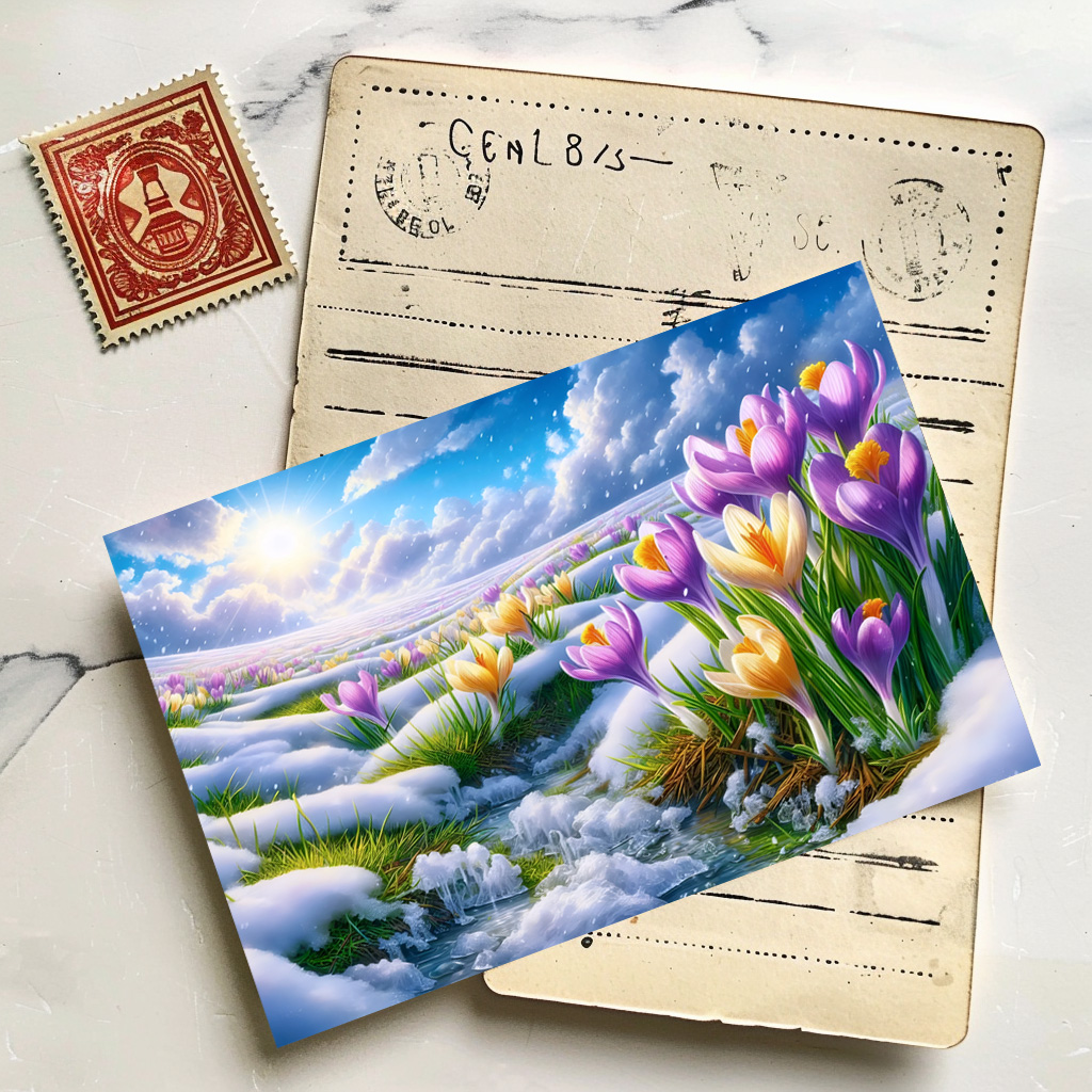 raxxa Postkarte: Frühlingserwachen- Bunte Krokusse im Schnee