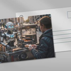 raxxa Postkarte: Roboter als Streetfood-Verkäufer