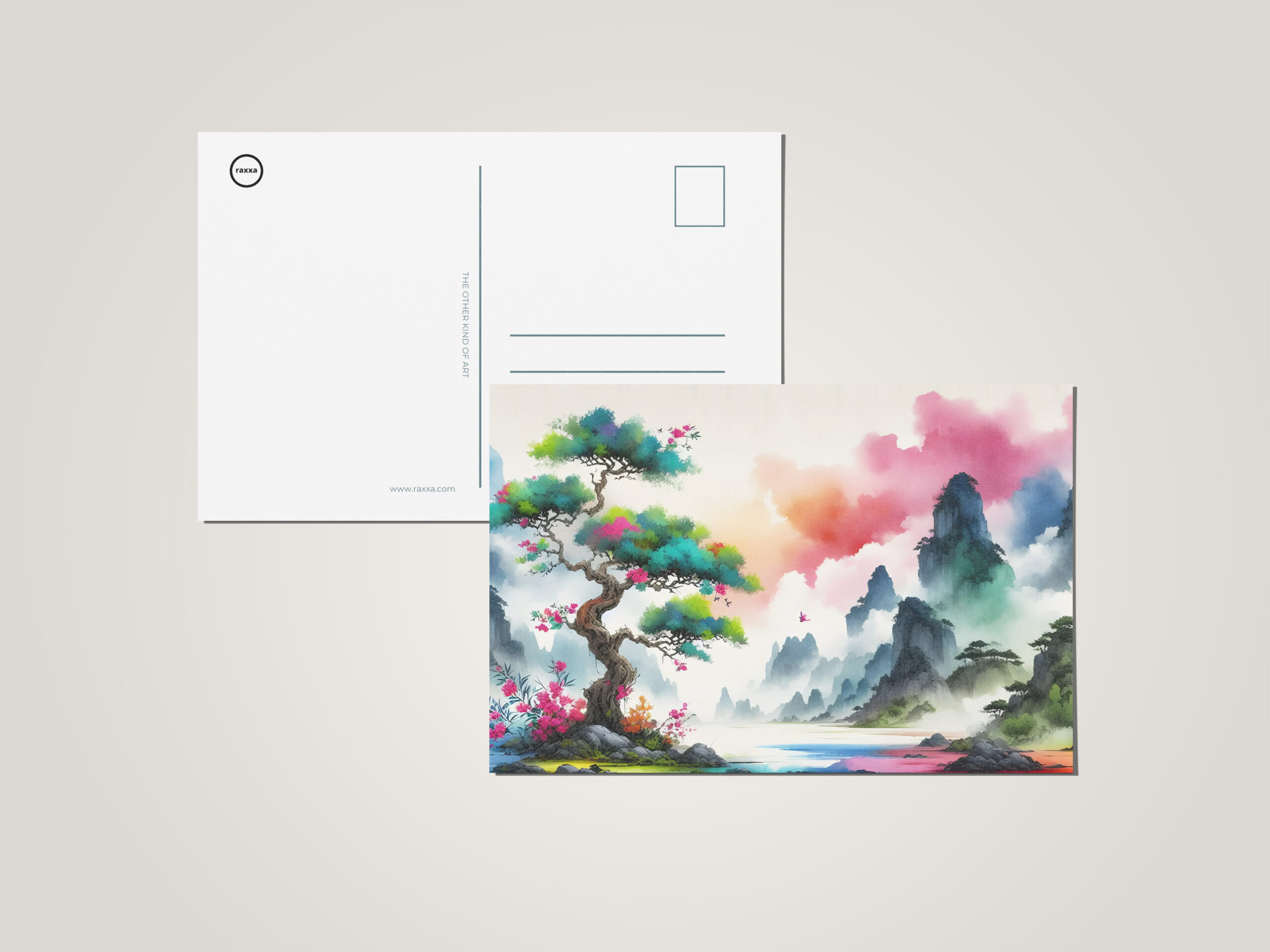 raxxa Postkarte: Farbige Landschaftsmalerei mit Baum und Bergen