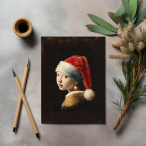 raxxa Postkarte: Mädchen mit Perlenohrring mit Weihnachtsmütze humorvolle Winterversion ikonisch