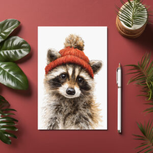raxxa Postkarte: Waschbär mit roter Wollmütze winterliches Tierportrait niedlich und modern