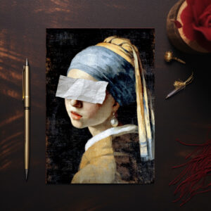 raxxa Postkarte: Vermeer Mädchen mit Perlenohrring und Papierstreifen über den Augen