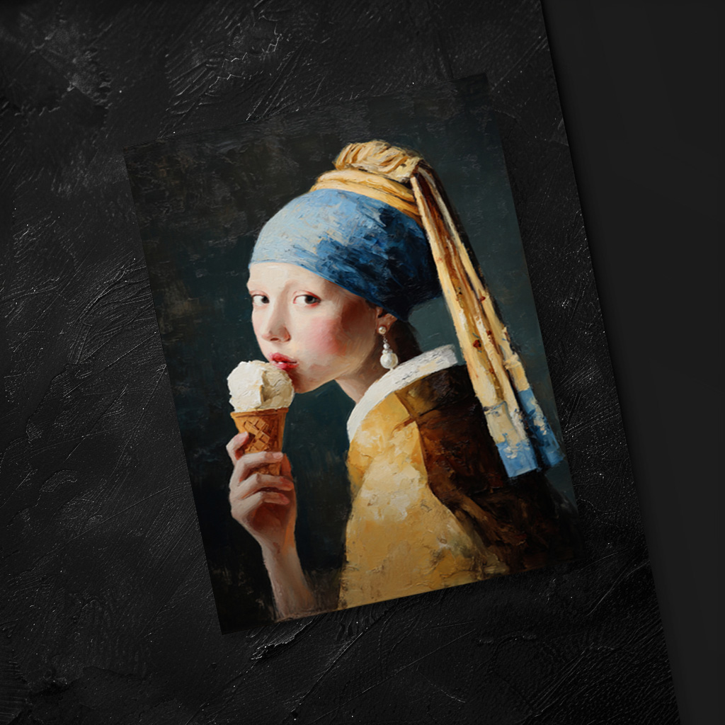 raxxa Postkarte: Mädchen mit Perlenohrring und Eiswaffel moderner Stil
