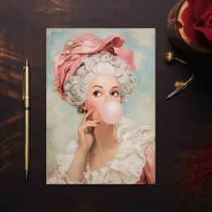 raxxa Postkarte: Rokoko Dame mit Kaugummi spielerische Pop Art Neuinterpretation verspielt