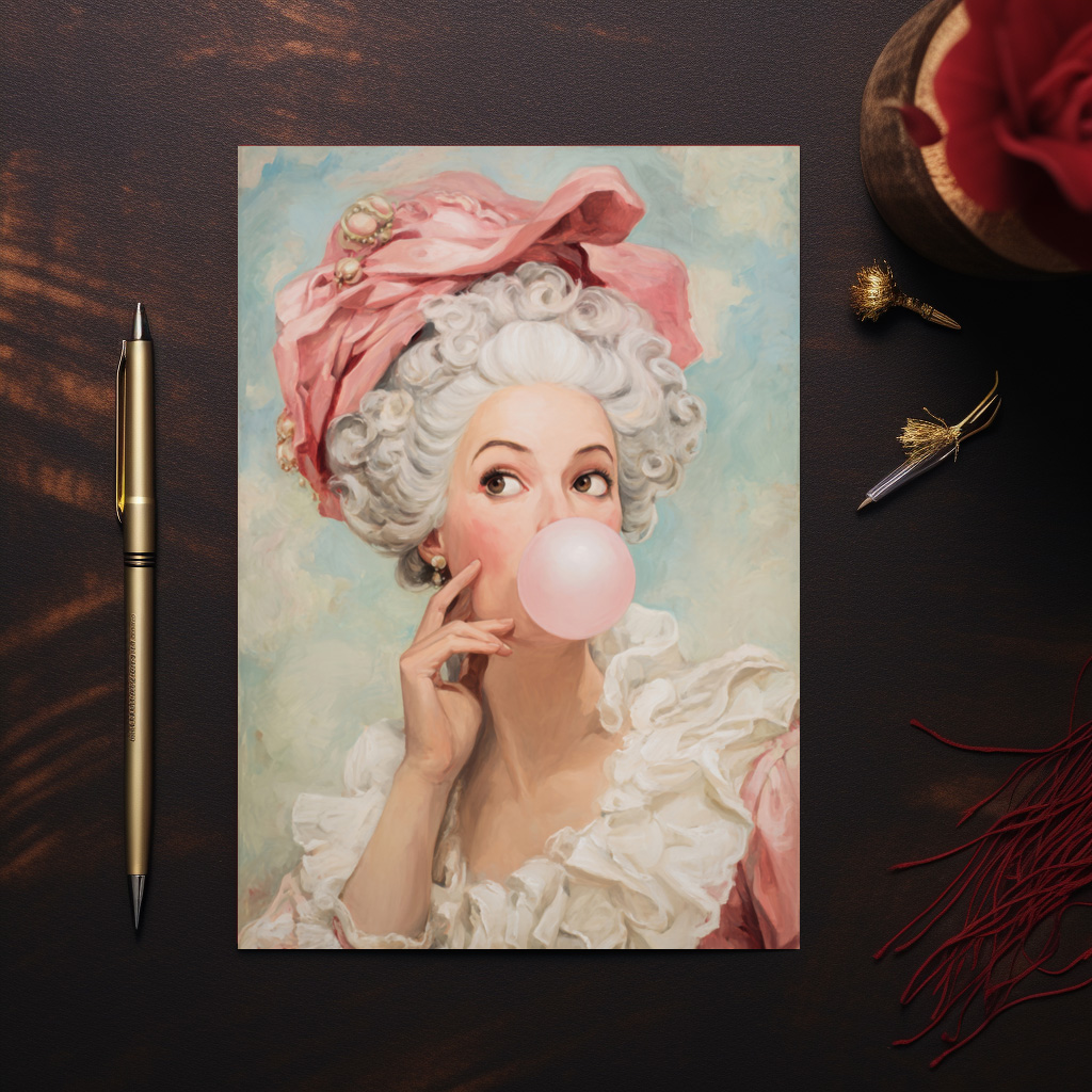 raxxa Postkarte: Rokoko Dame mit Kaugummi spielerische Pop Art Neuinterpretation verspielt