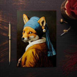 raxxa Postkarte: Fuchs mit Perlenohrring klassische Vermeer Neuinterpretation cool und außergewöhnlich