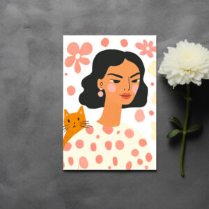 raxxa Postkarte: Frau mit oranger Katze und rosa Blumen stilisiertes Porträt modern fröhlich
