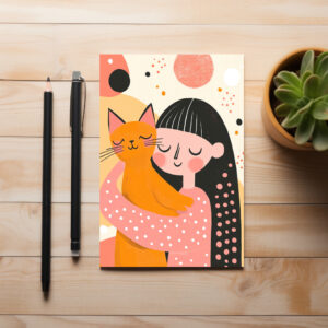 raxxa Postkarte: Frau mit orangefarbener Katze in liebevoller Umarmung modern verspielt warm