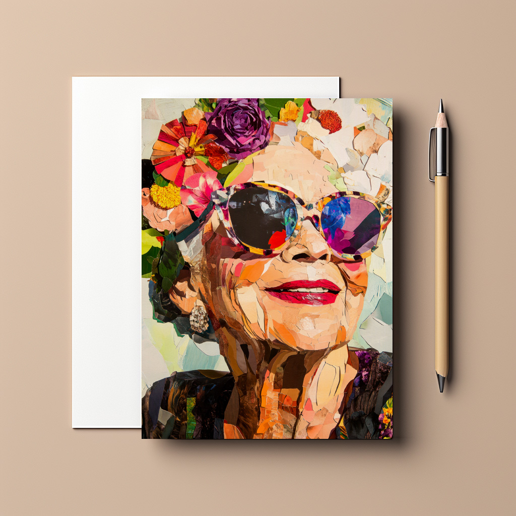raxxa Postkarte: Ältere Frau mit Blumenkranz und Sonnenbrille farbenfrohes modernes Porträt