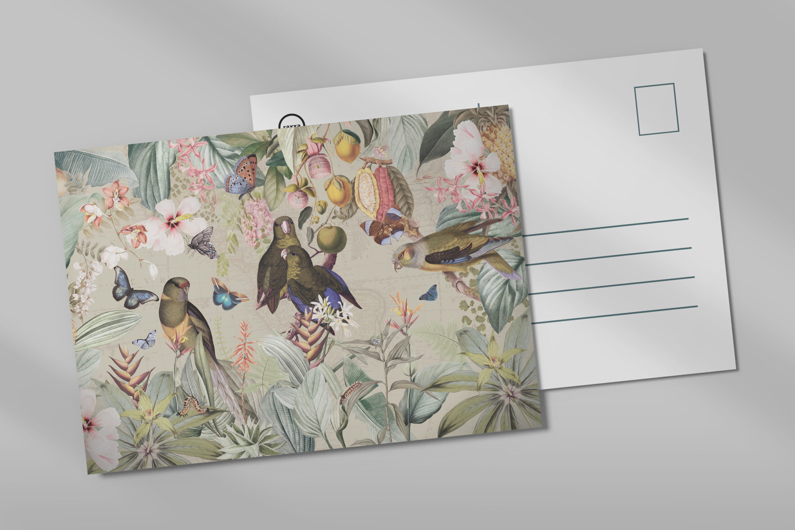 raxxa Postkarte: Lebhafte Papagein im Vintage Tropen Dschungel