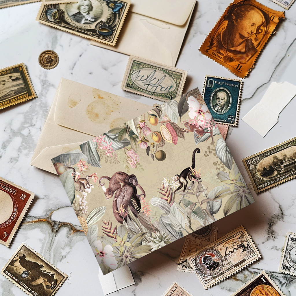 raxxa Postkarte: Verspielte Affen im Vintage Tropen Dschungel