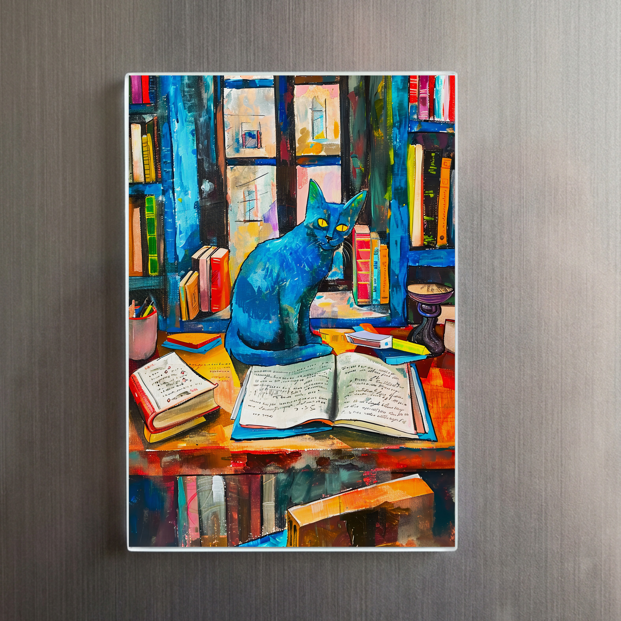 raxxa Glas-Magnet: Cat sitting Among Open Books on table - Imagen 2