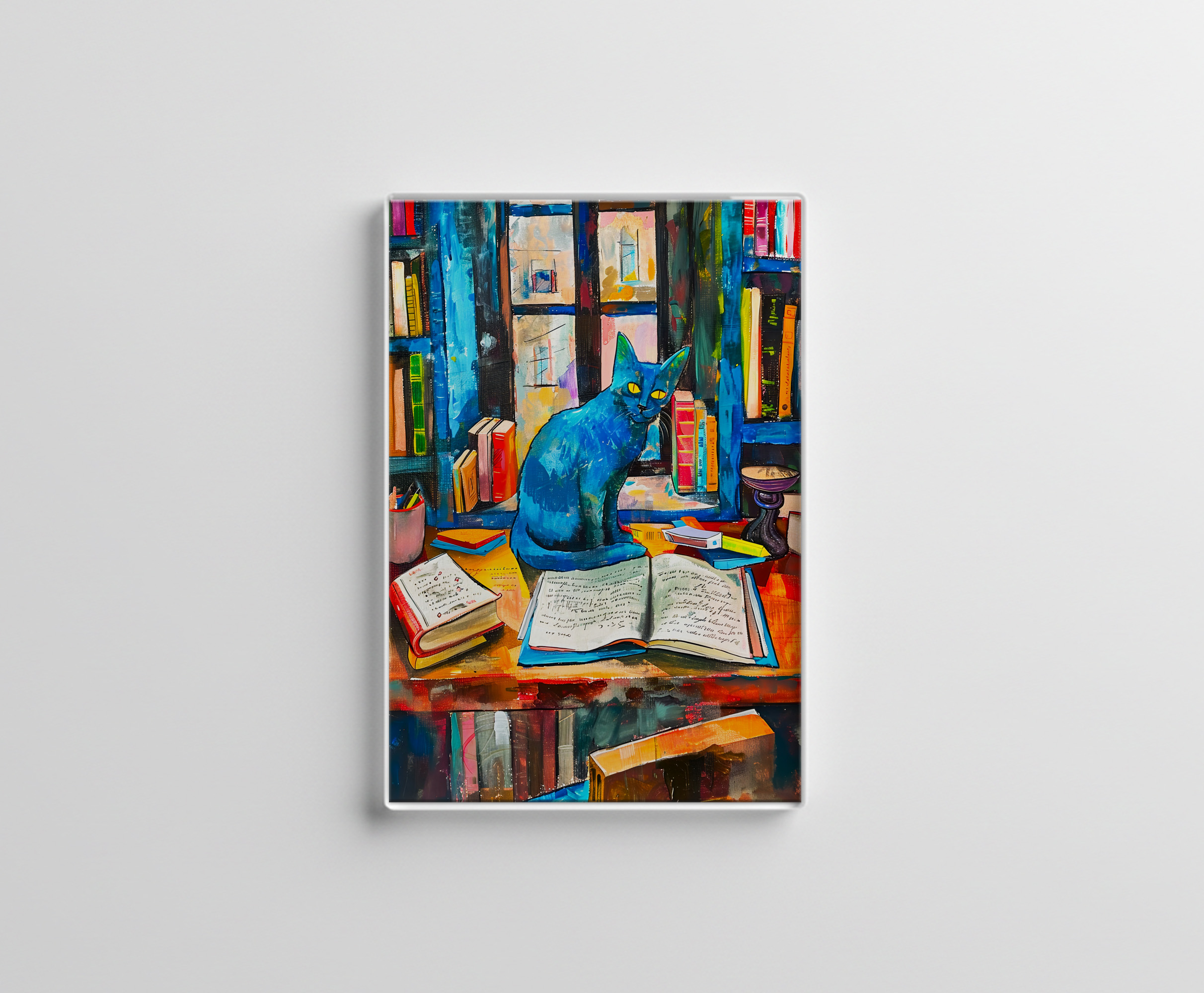 raxxa Glas-Magnet: Cat sitting Among Open Books on table