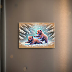 raxxa Glas-Magnet: Playful Bear Cubs in Snow Pastel Chalk Drawing