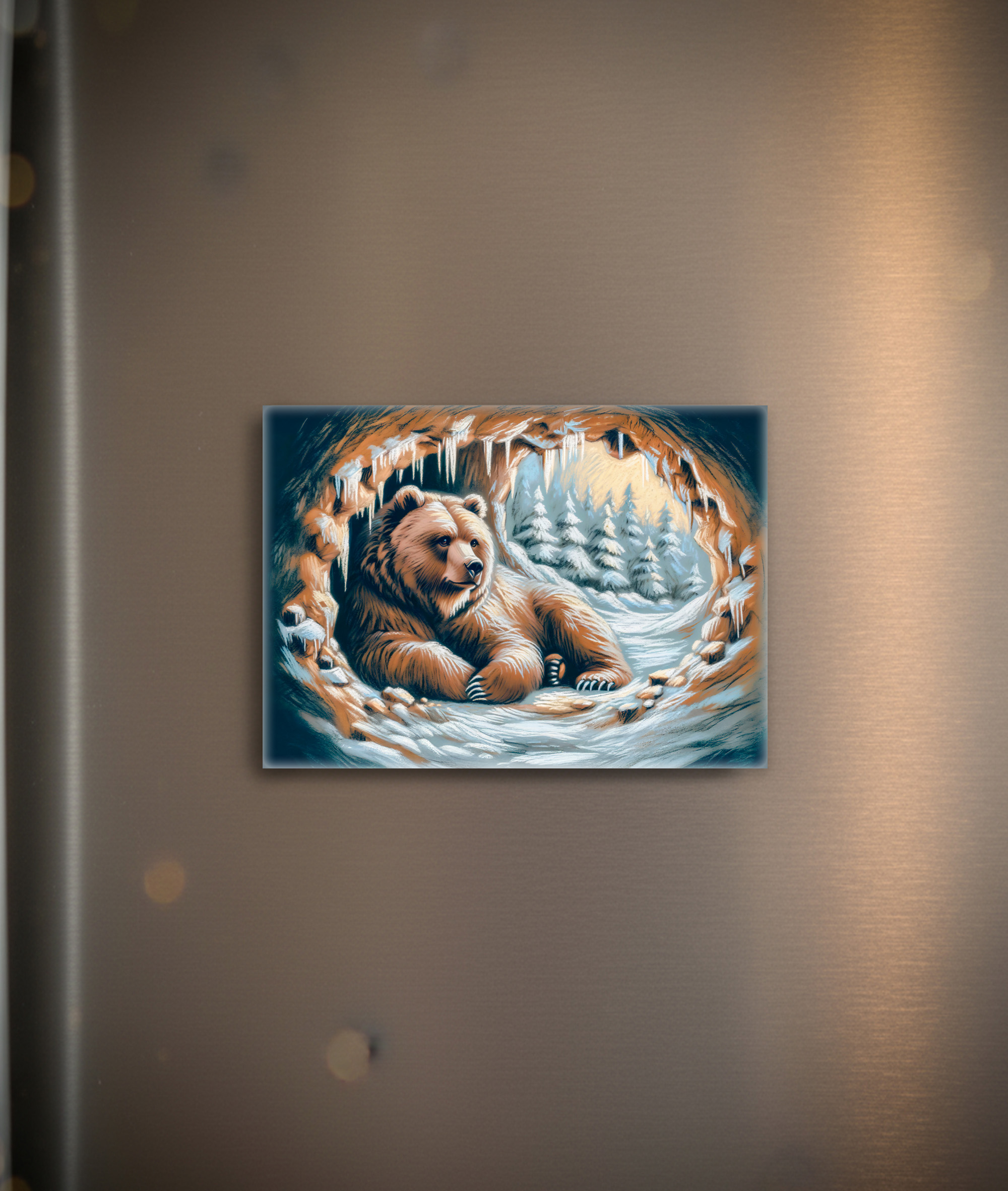 raxxa Glas-Magnet: Brown Bear in Winter Cave Pastel Chalk Drawing