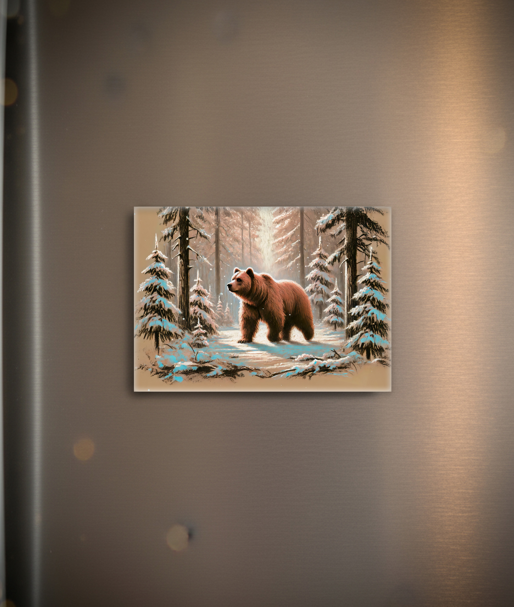 raxxa Glas-Magnet: Brown Bear in Snowy Forest Pastel Chalk Art