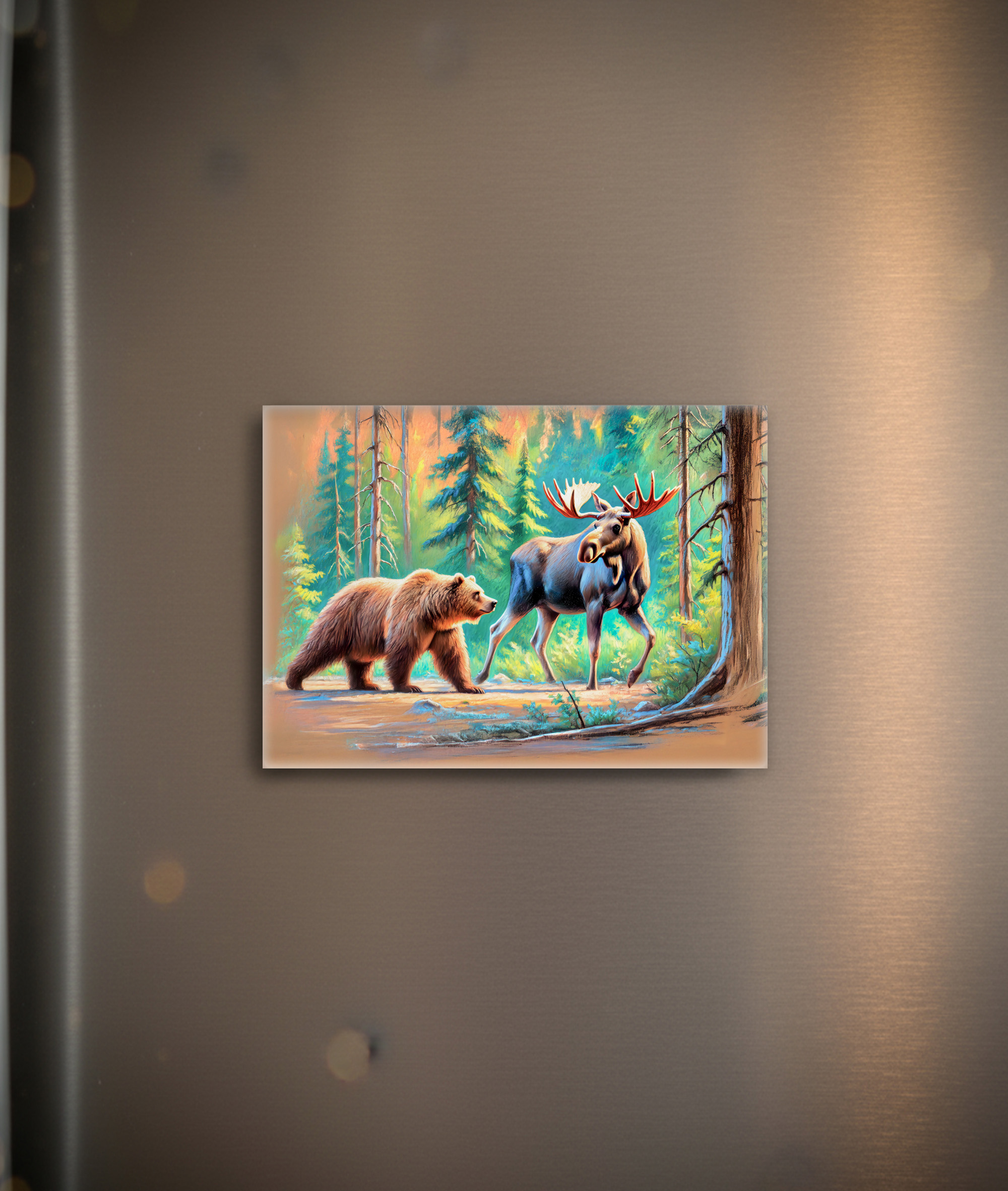 raxxa Glas-Magnet: Bear and Moose in Forest Pastel Chalk Drawing
