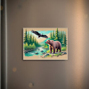 raxxa Glas-Magnet: Bear and Eagle in Forest Stream Pastel Chalk Drawing