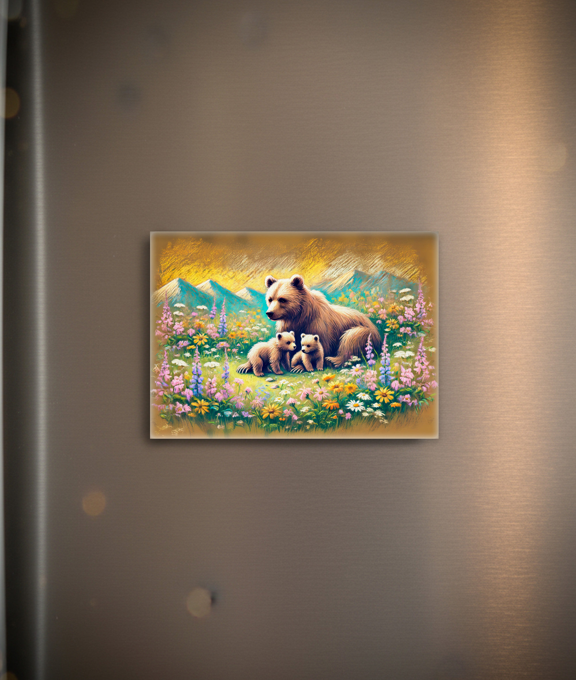 raxxa Glas-Magnet: Bear Family in Mountain Meadow Pastel Chalk Drawing
