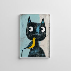 raxxa Glas-Magnet: Friendly Comic Black Cat with Yellow Bird