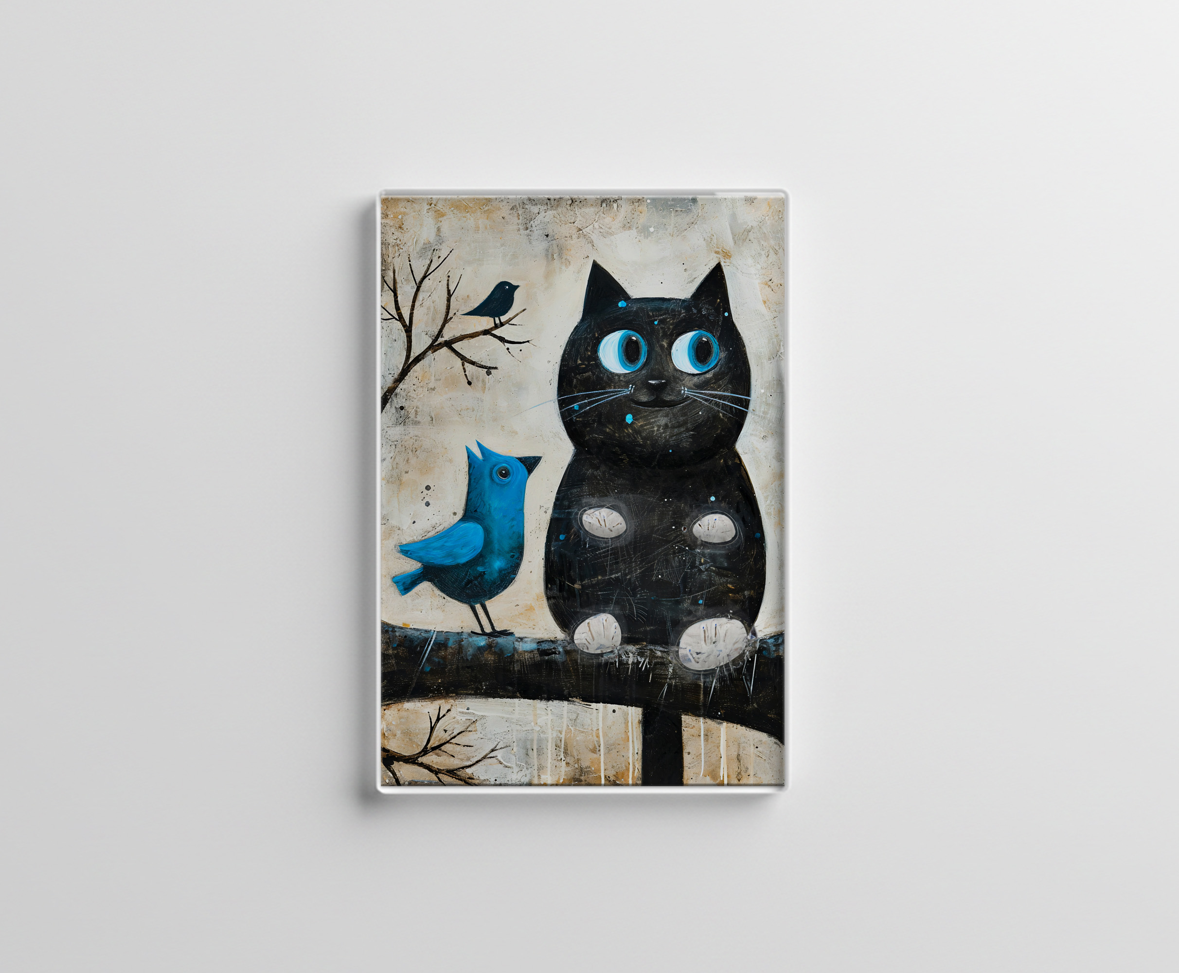 raxxa Glas-Magnet: Frightened Black Cat and Blue Bird on Branch