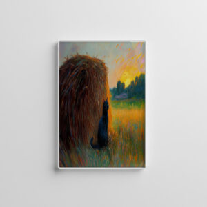 raxxa Glas-Magnet: Impressionistic Oil Painting of Cat by Haystack at Sunset