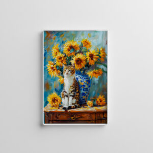 raxxa Glas-Magnet: Impressionistic Oil Painting of Cat by Sunflower Bouquet