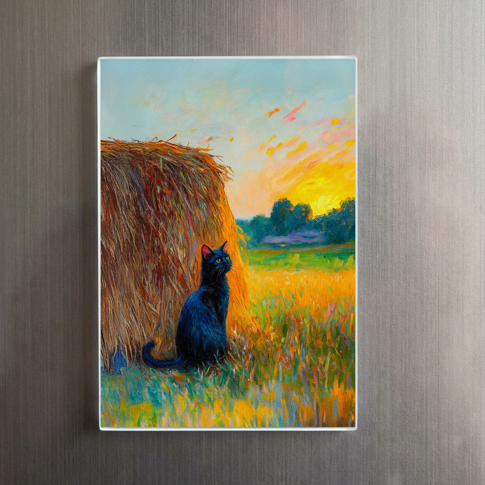 raxxa Glas-Magnet: Impressionistic Oil Painting of Cat by Haystack at Sunset - immagine 2