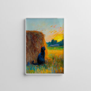 raxxa Glas-Magnet: Impressionistic Oil Painting of Cat by Haystack at Sunset