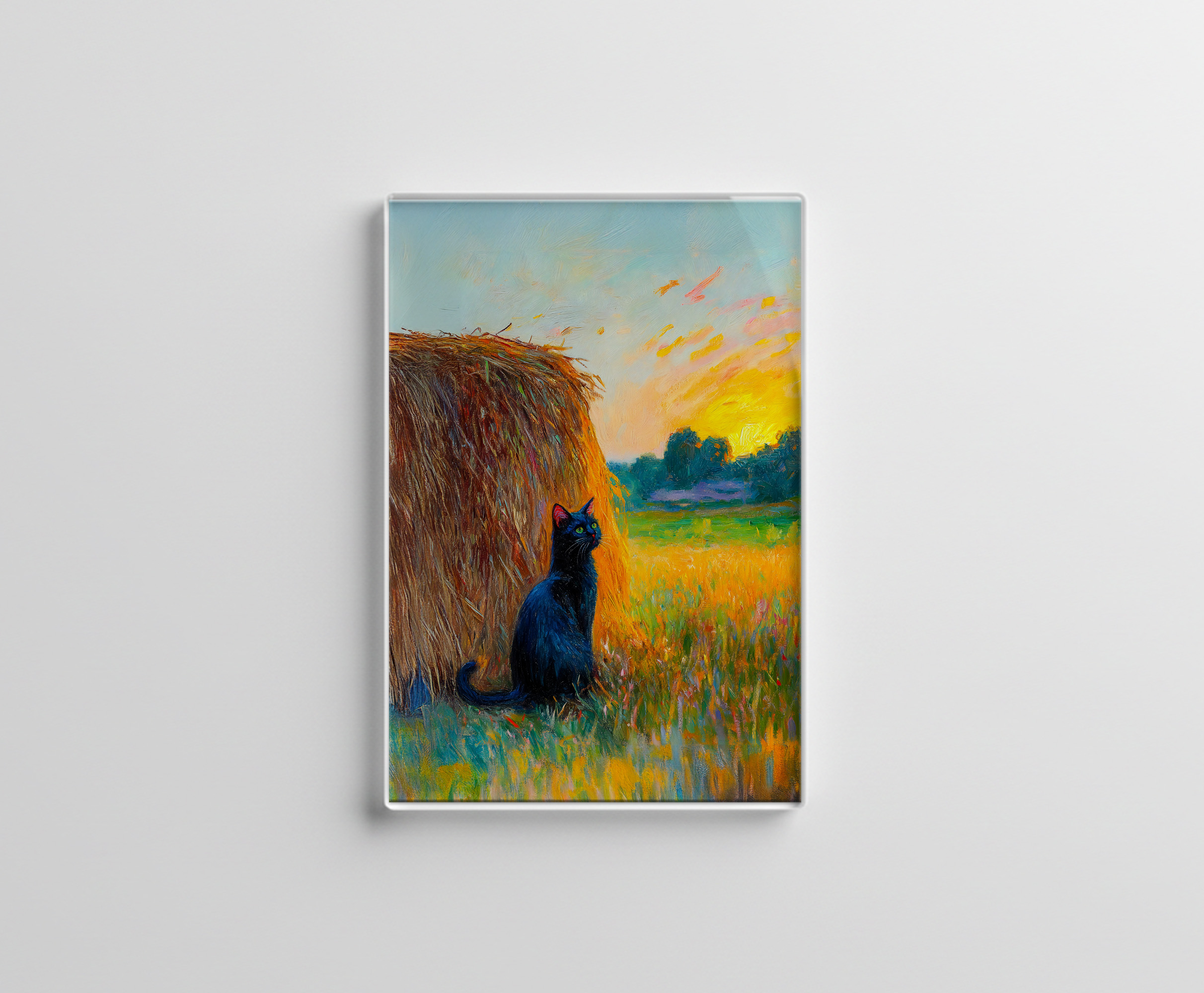 raxxa Glas-Magnet: Impressionistic Oil Painting of Cat by Haystack at Sunset