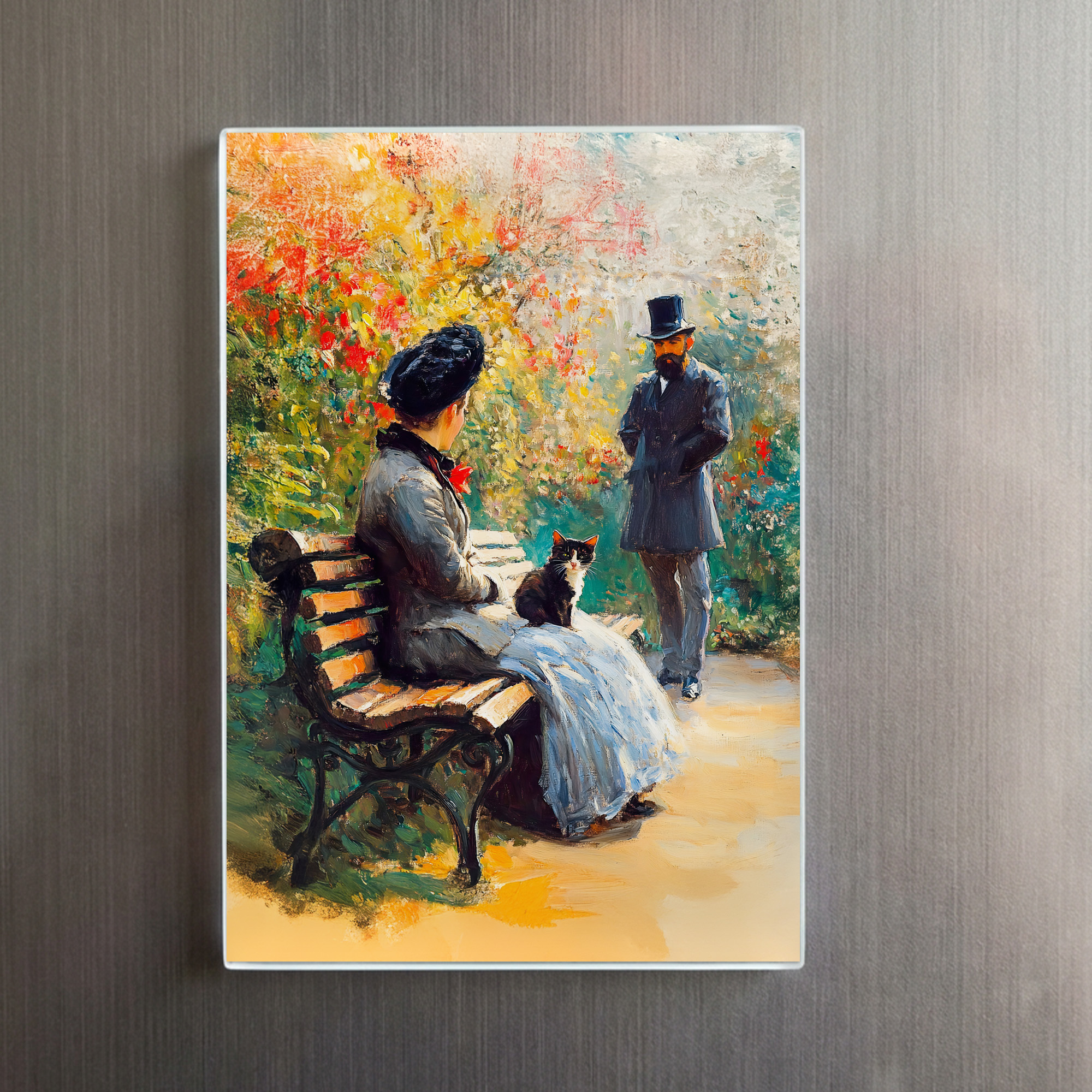 raxxa Glas-Magnet: Impressionistic Oil Painting of Couple in Garden with Cat on Lap - immagine 2