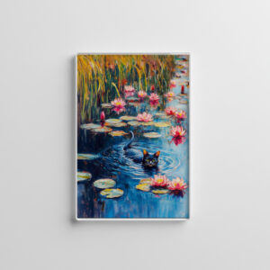 raxxa Glas-Magnet: Impressionistic Oil Painting of Black Cat in Lily Pond
