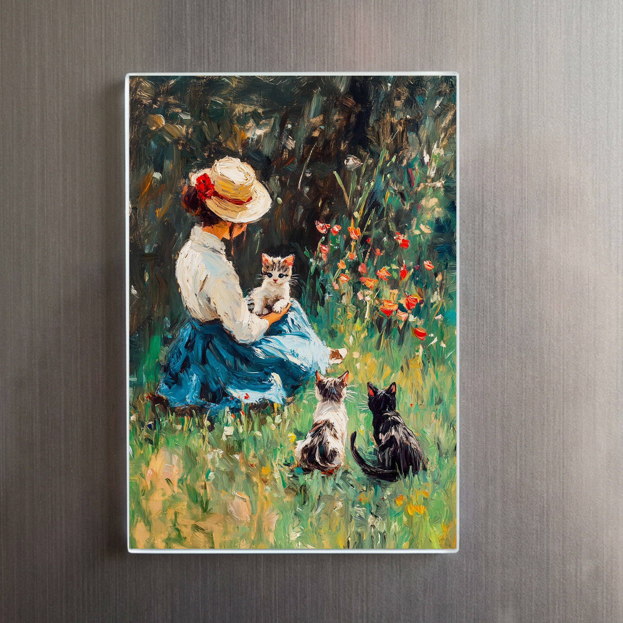 raxxa Glas-Magnet: Impressionistic Oil Painting of Lady with Hat Playing with Kittens – Image 2
