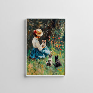 raxxa Glas-Magnet: Impressionistic Oil Painting of Lady with Hat Playing with Kittens