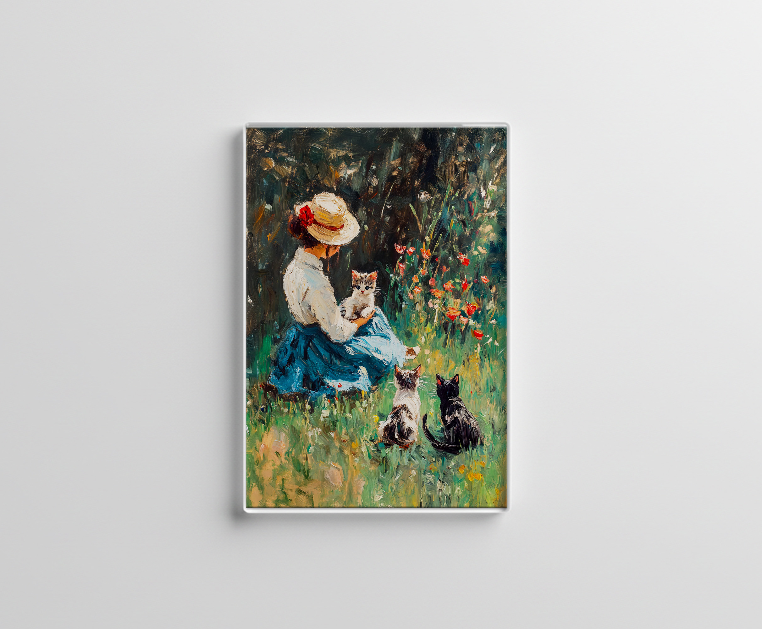 raxxa Glas-Magnet: Impressionistic Oil Painting of Lady with Hat Playing with Kittens