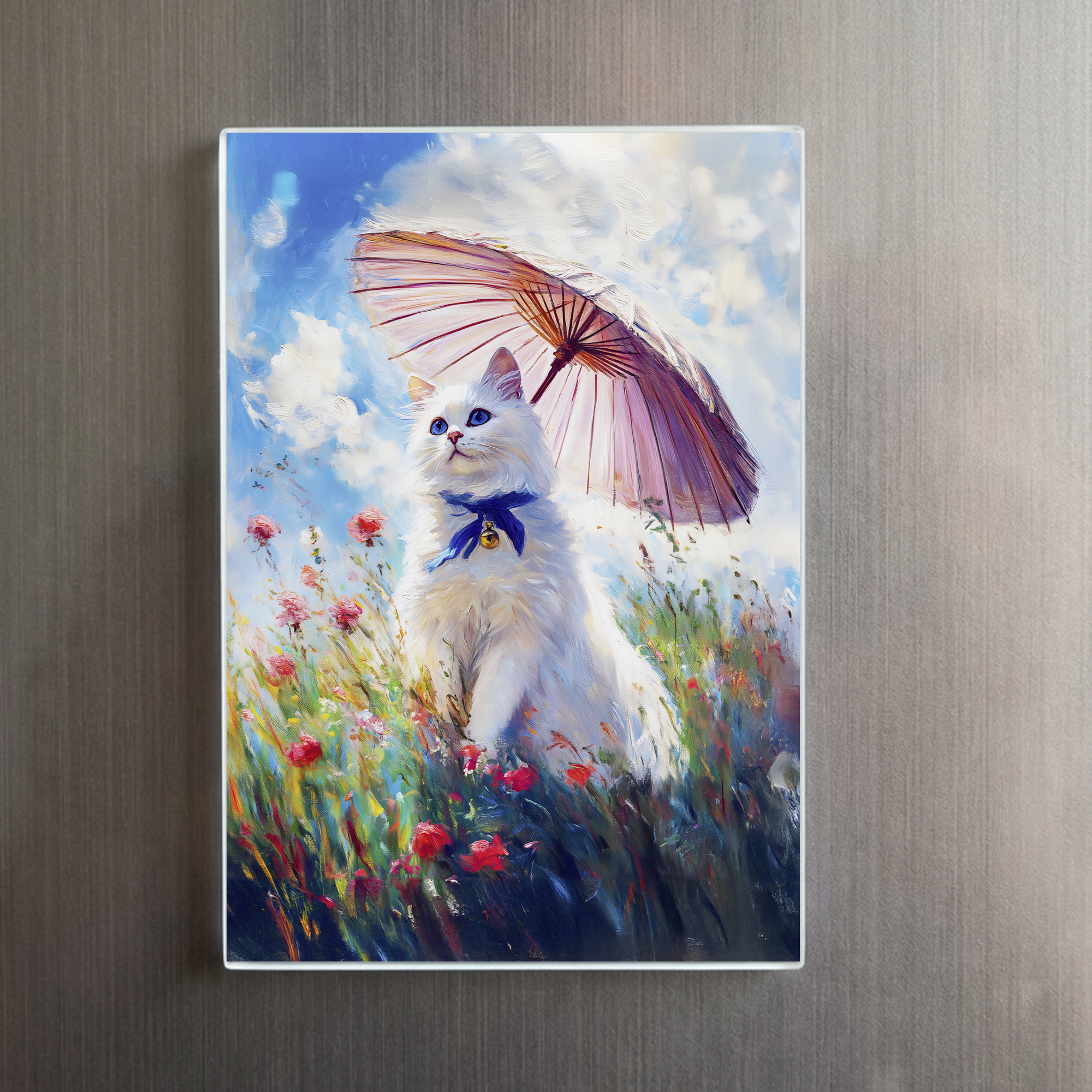 raxxa Glas-Magnet: Impressionistic Oil Painting of White Cat with Parasol in Poppy Field - immagine 2