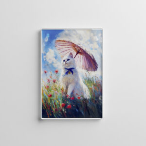raxxa Glas-Magnet: Impressionistic Oil Painting of White Cat with Parasol in Poppy Field