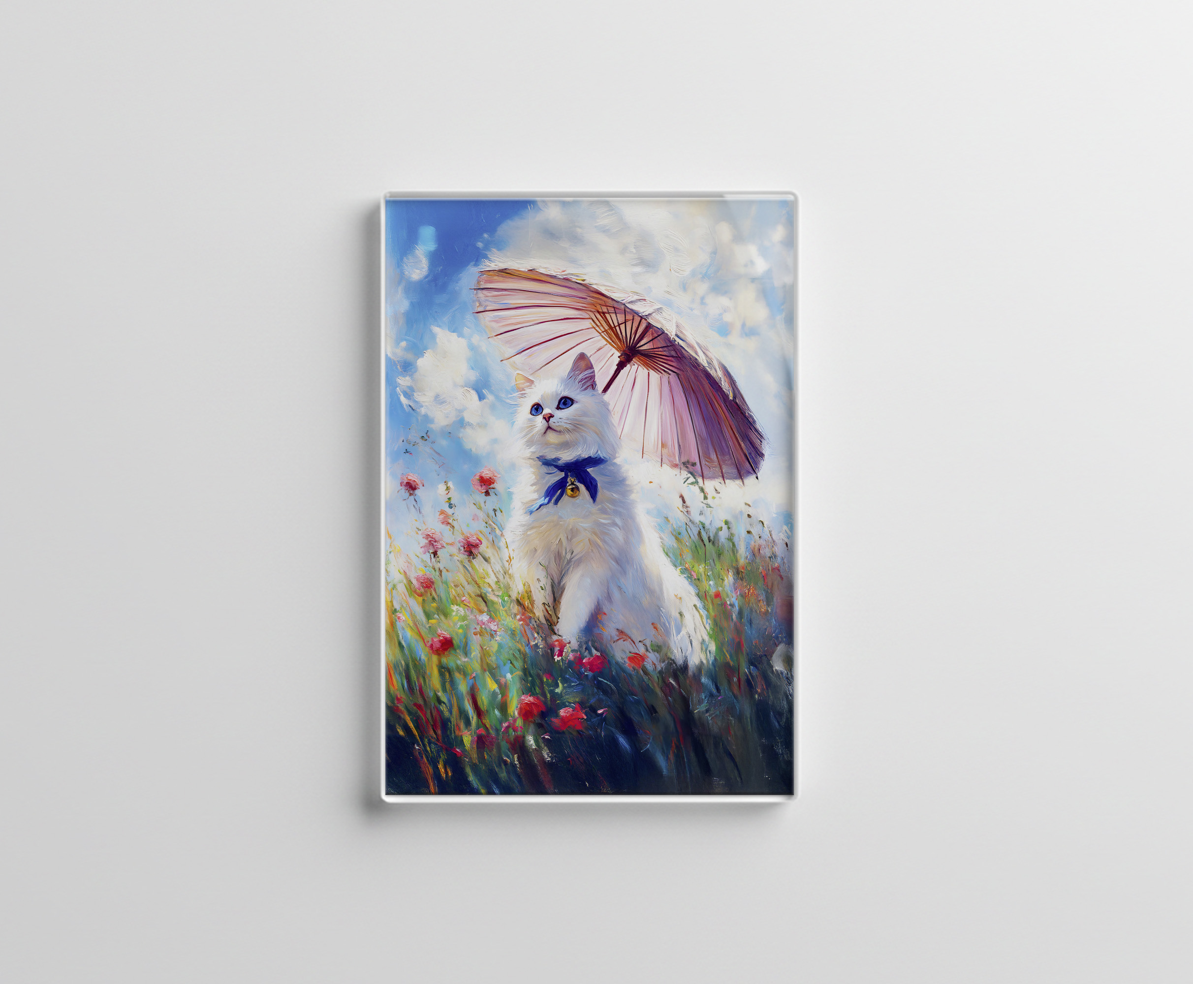 raxxa Glas-Magnet: Impressionistic Oil Painting of White Cat with Parasol in Poppy Field