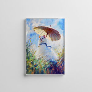 raxxa Glas-Magnet: Impressionistic Oil Painting of White Cat with Parasol in Field