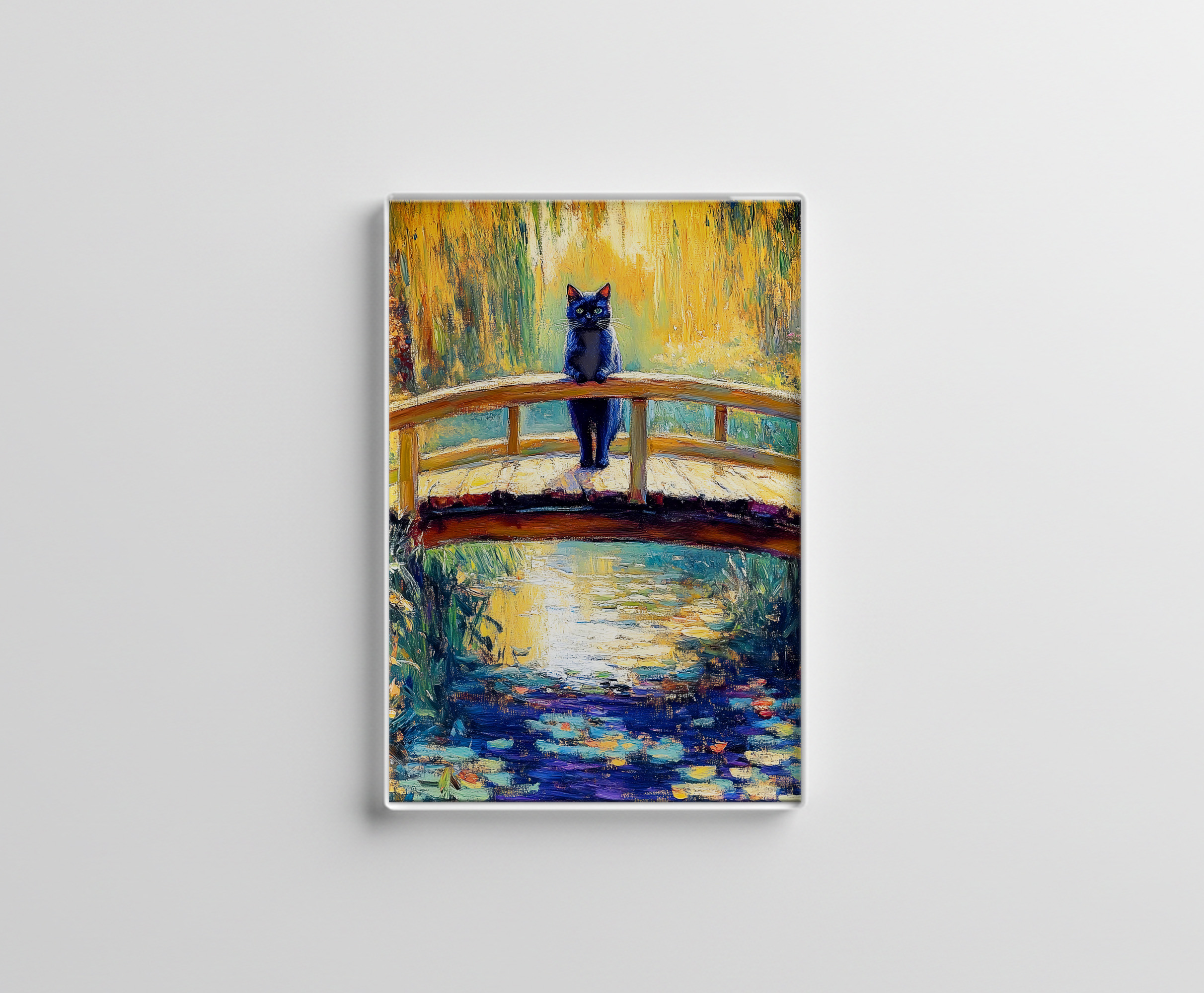 raxxa Glas-Magnet: Impressionistic Oil Painting of Black Cat on Wooden Pier by Pond