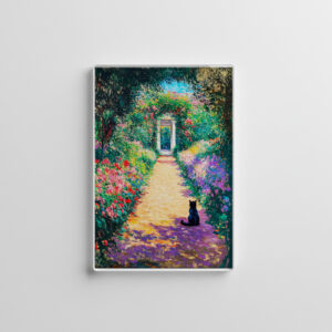 raxxa Glas-Magnet: Impressionistic Oil Painting of Cat on Flower-Lined Garden Path