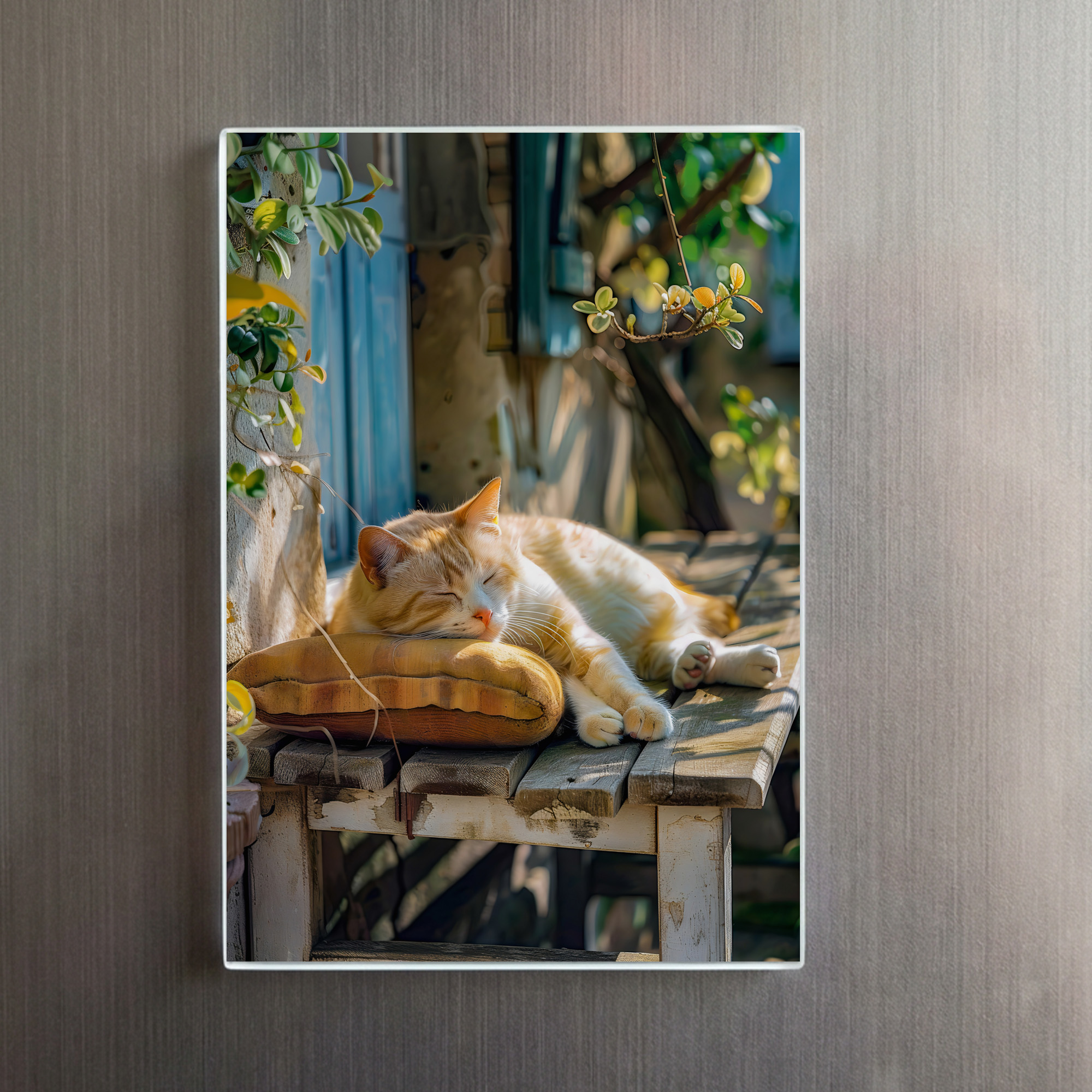 raxxa Glas-Magnet: A sleeping cat rests peacefully in a cozy environment on bench in front of a house – Bild 2