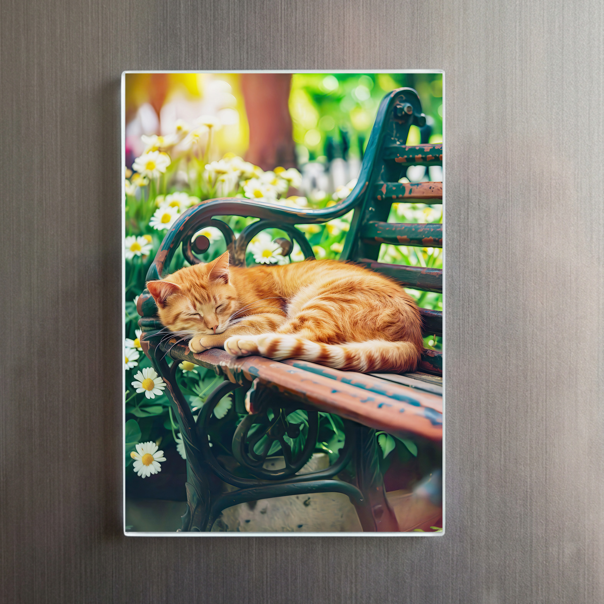 raxxa Glas-Magnet: Cozy Cat Napping in Comfortable Setting on a garden bench – Image 2